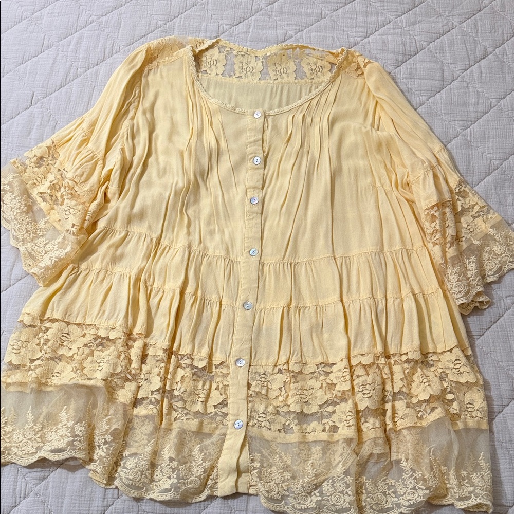 Elegant Lace Trim Yellow Blouse